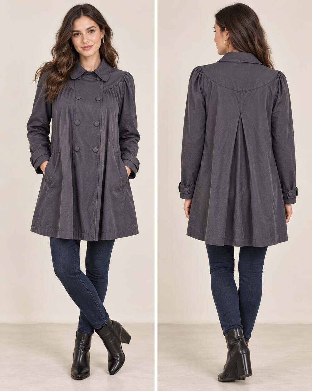 French Connection Trench Coat Size 8 Dark Gray Double Breasted Flowy Jacket